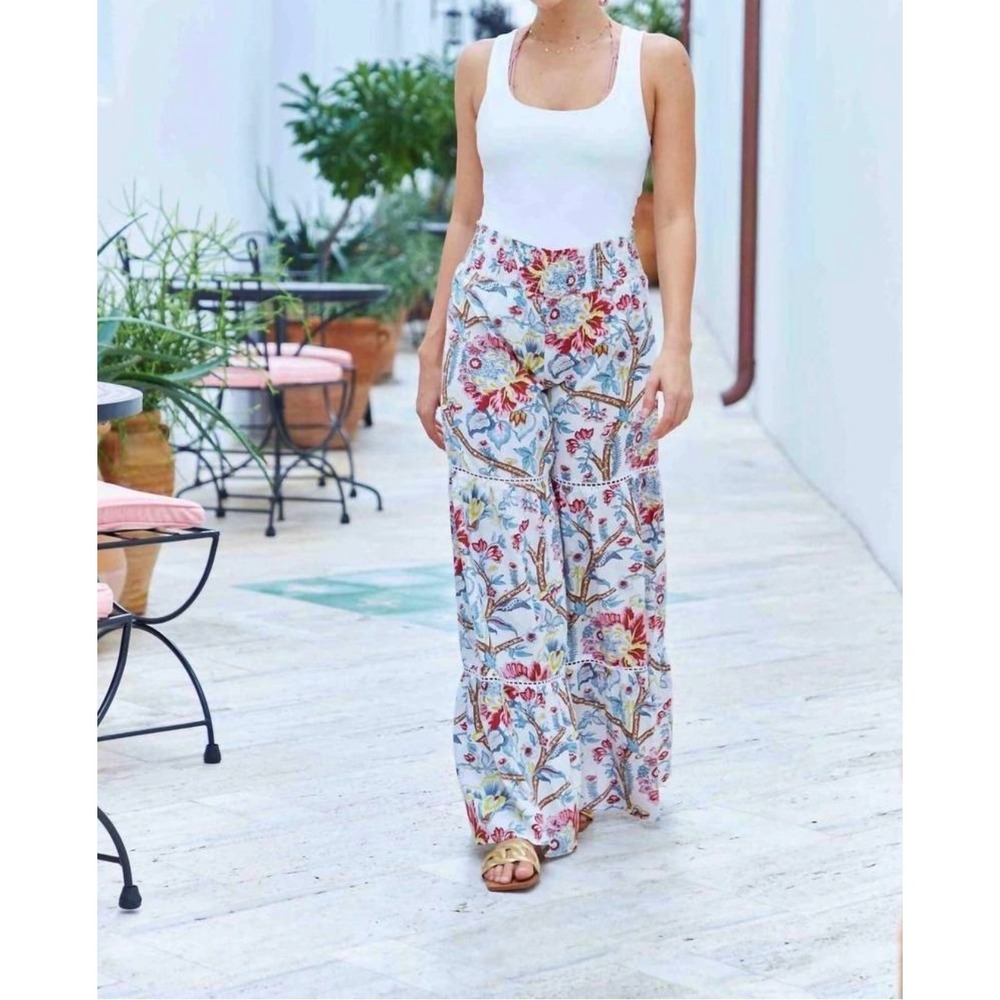 Debbie Katz South Beach Leksa Floral Wide Leg Pants NWT Large Multi Cotton Boho